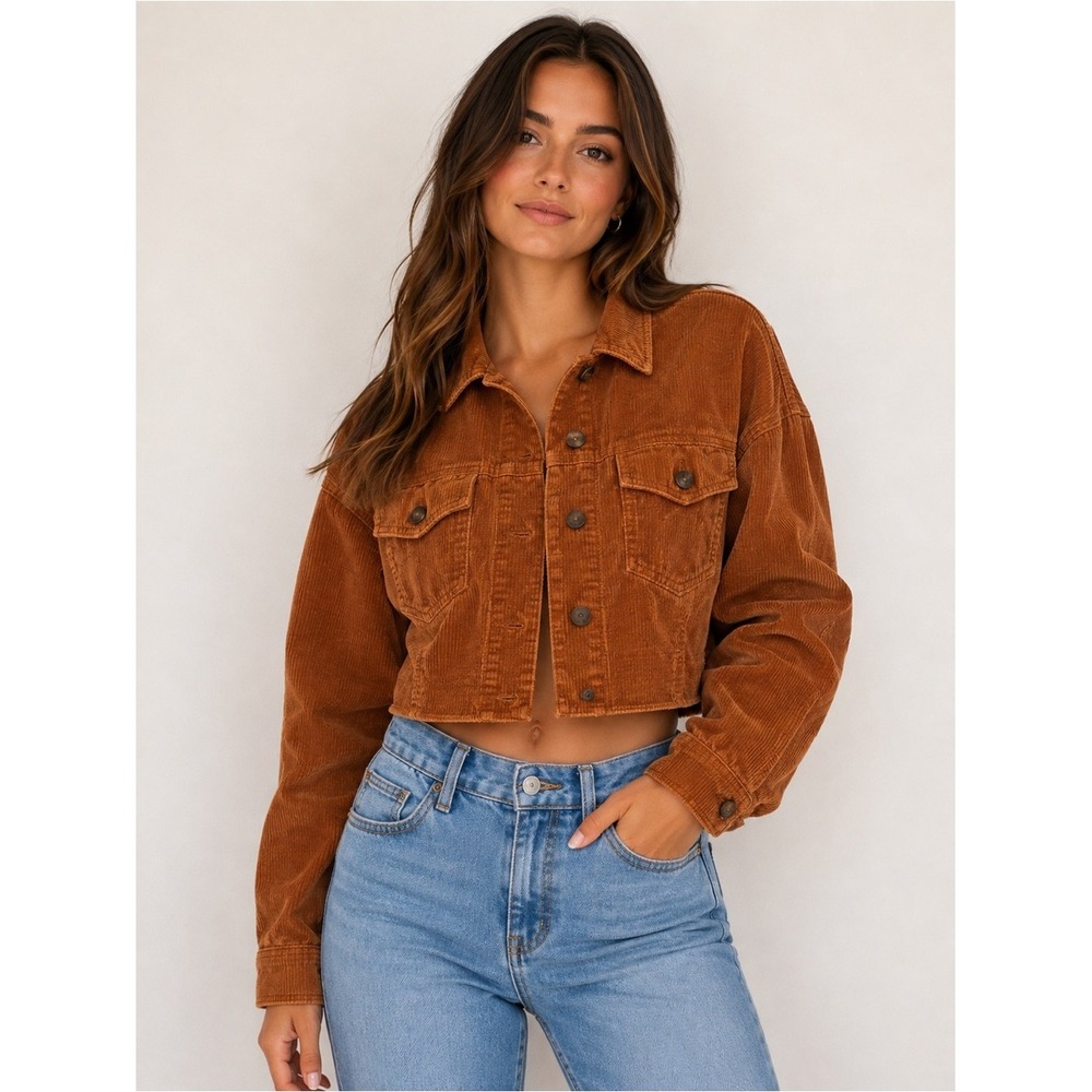 American Eagle Corduroy Jacket Cropped Raw Hem Brown Shacket Women's Small